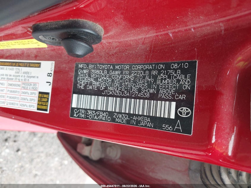 2010 Toyota Prius VIN JTDKN3DU3A1274538 IAAI salvage auction — NORMAL WEAR, Clear - Public Restricted (Oklahoma), sold $75 on 2026-07-07 (photo 9)
