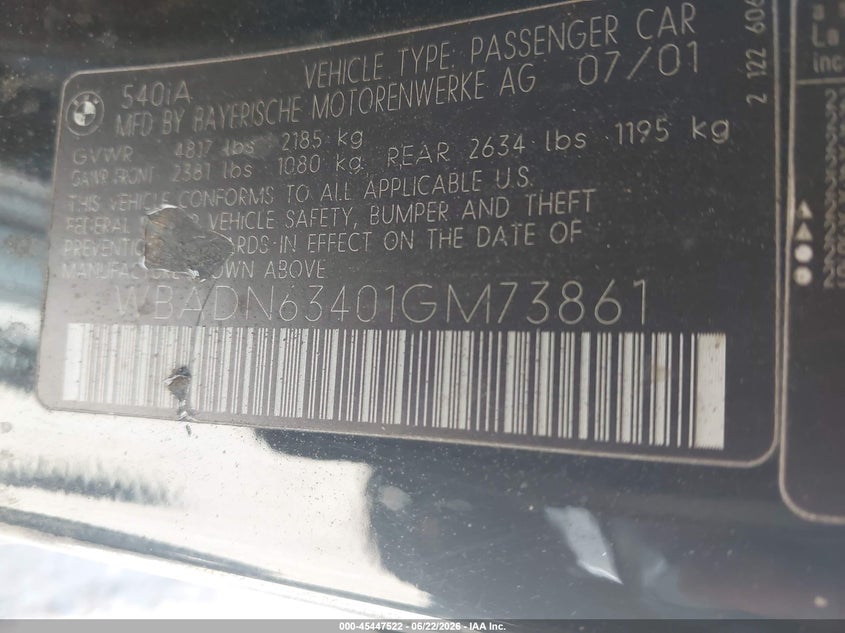 2001 BMW 5 series VIN WBADN63401GM73861 IAAI salvage auction — NORMAL WEAR, Clear-Dealer Only (Arizona), sold $325 on 2026-07-28 (photo 9)
