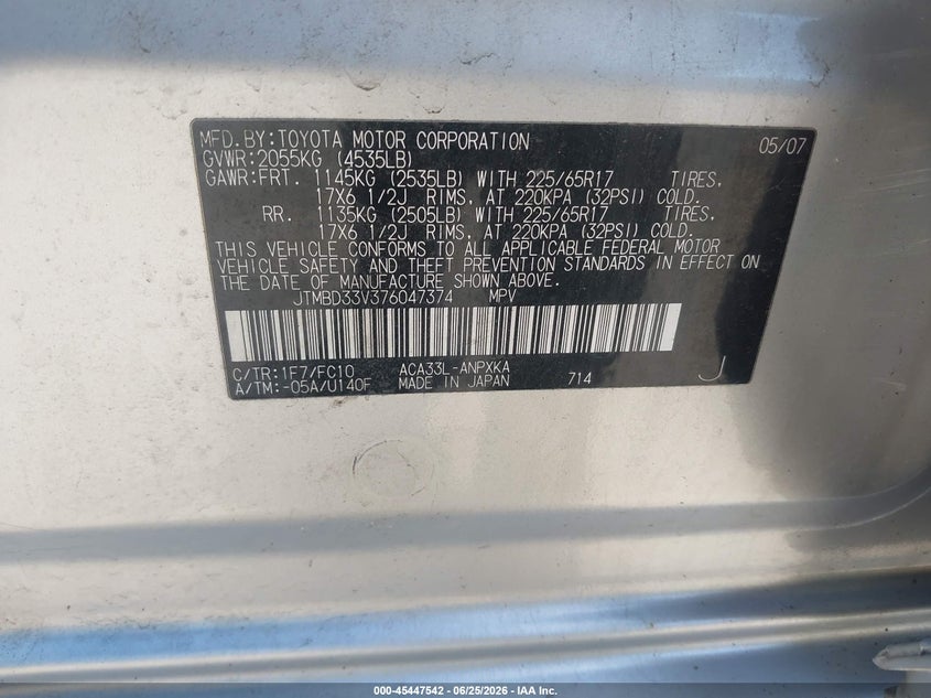 2007 Toyota Rav 4 VIN JTMBD33V376047374 IAAI salvage auction — NORMAL WEAR, Clear (Pennsylvania), sold $5,775 on 2026-07-24 (photo 9)