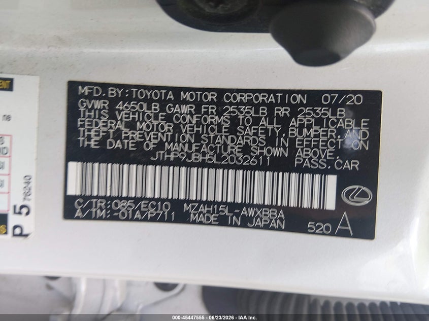2020 Lexus Ux VIN JTHP9JBH5L2032611 IAAI salvage auction — REAR END, Wait Title, sold $10,400 on 2026-08-25 (photo 9)