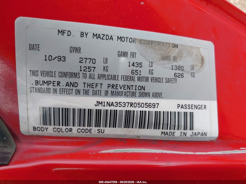 1994 Mazda Mx-5 miata VIN JM1NA3537R0505697 IAAI salvage auction — FRONT END, Junk Bill Of Sale Mv2459 (Wisconsin), sold $350 on 2026-07-14 (photo 9)