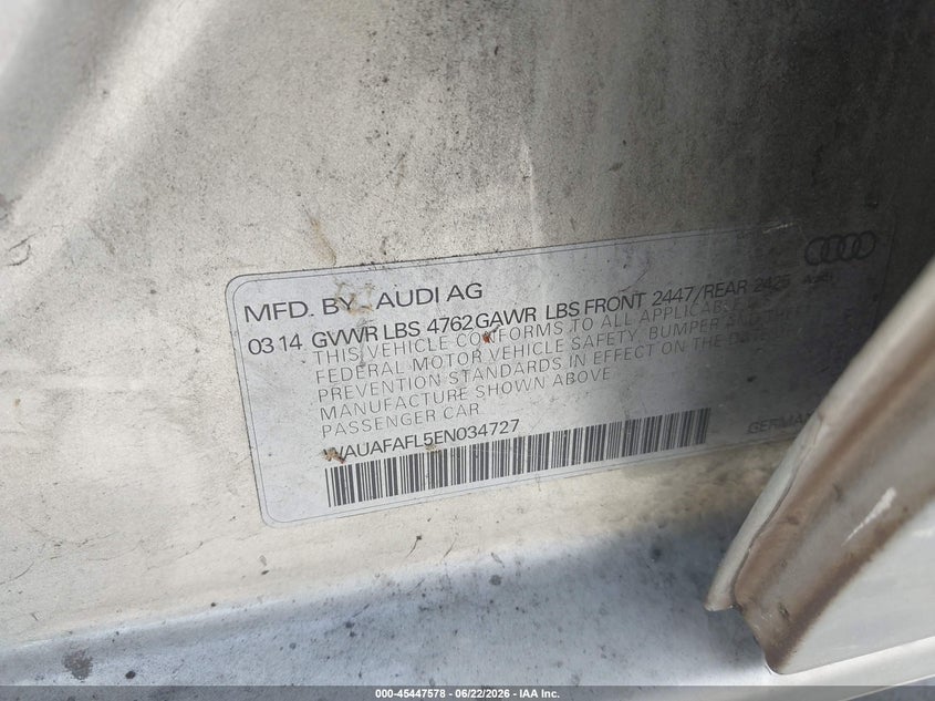 2014 Audi A4 VIN WAUAFAFL5EN034727 IAAI salvage auction — NORMAL WEAR, Clear - Dealer Only (California), sold $450 on 2026-07-29 (photo 9)