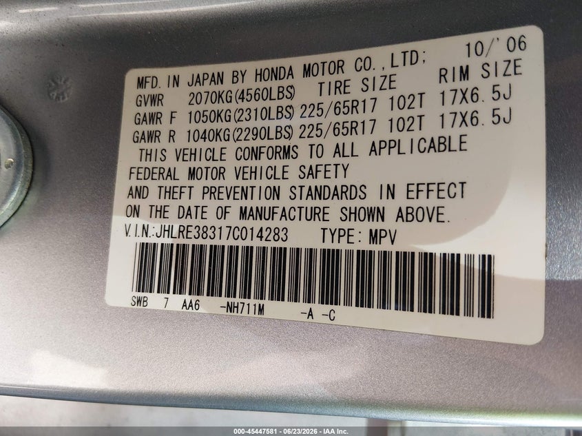 2007 Honda Cr-v VIN JHLRE38317C014283 IAAI salvage auction — FRONT END, Salvage (North Carolina), sold $500 on 2026-07-27 (photo 9)