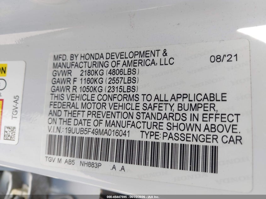 2021 Acura Tlx VIN 19UUB5F49MA016041 IAAI salvage auction — FRONT END, Salvage Title, sold $8,825 on 2026-08-20 (photo 9)