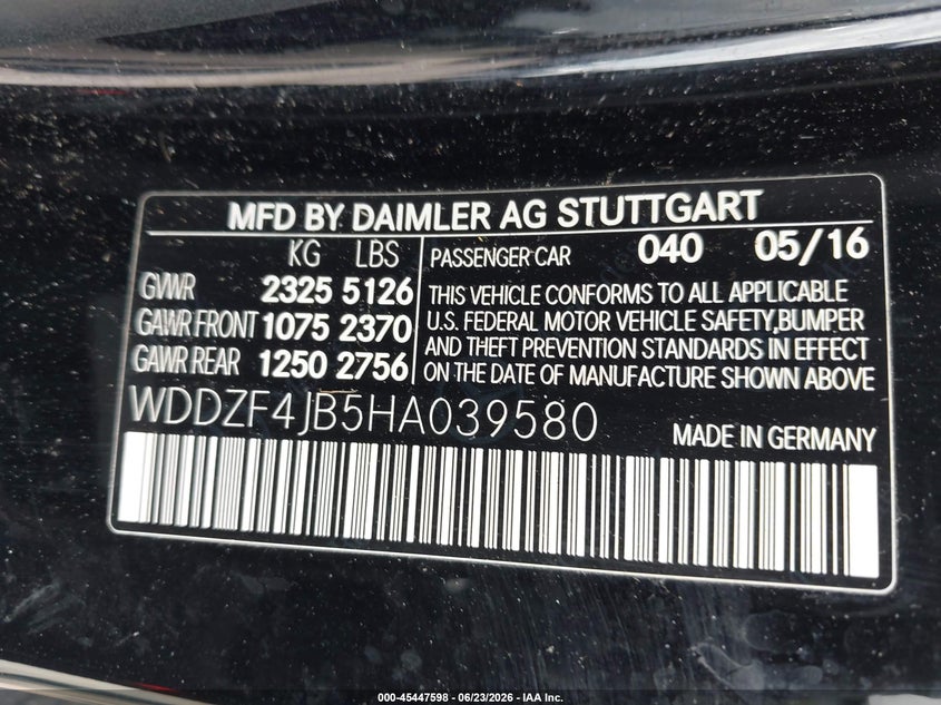 2017 Mercedes-benz E-klasse VIN WDDZF4JB5HA039580 IAAI salvage auction — FRONT END, Salvage Title, sold $4,250 on 2026-08-14 (photo 9)