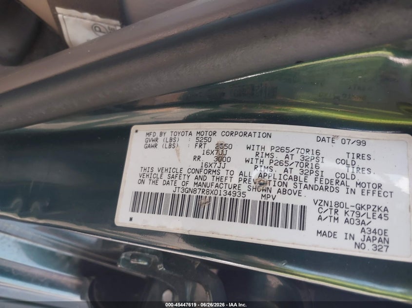 1999 Toyota 4runner VIN JT3GN87R8X0134935 IAAI salvage auction — RIGHT FRONT, Salvage (Idaho), sold $1,200 on 2026-07-14 (photo 9)