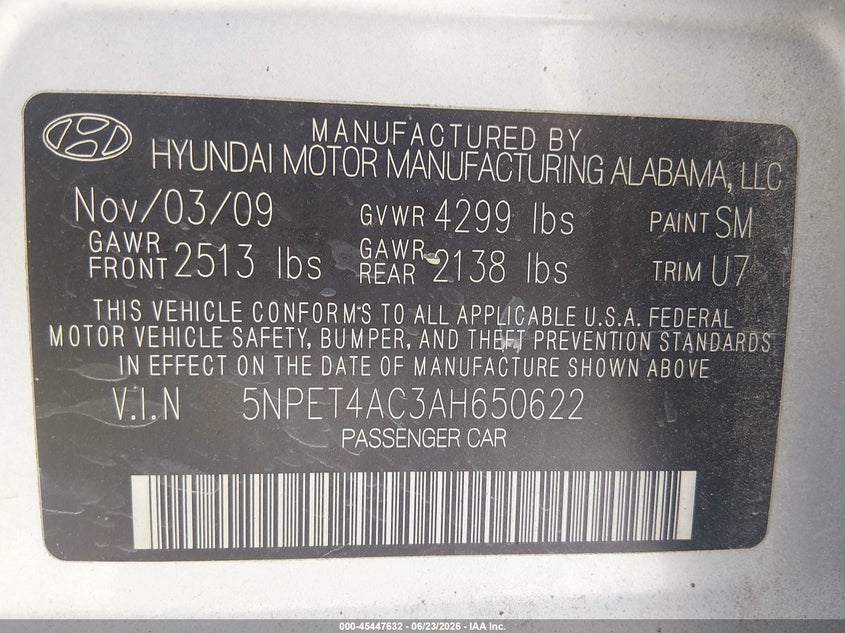 2010 Hyundai Sonata VIN 5NPET4AC3AH650622 IAAI salvage auction — FRONT END, Salvage (Missouri), sold $350 on 2026-07-21 (photo 9)