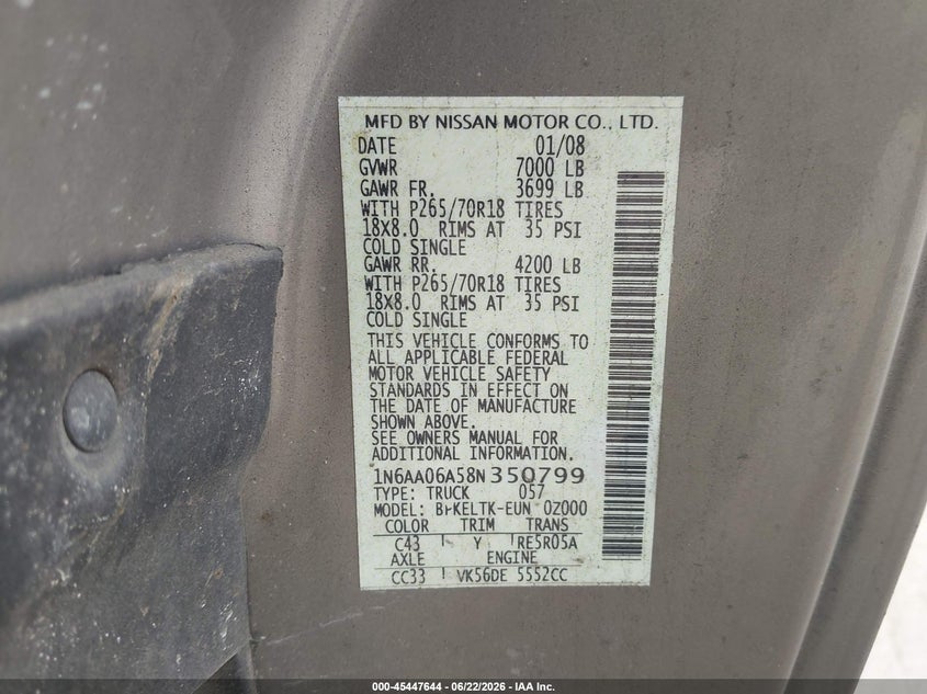 2008 Nissan TITAN VIN 1N6AA06A58N350799 IAAI salvage auction — FRONT & REAR, Clear (Virginia), sold $350 on 2026-07-09 (photo 9)