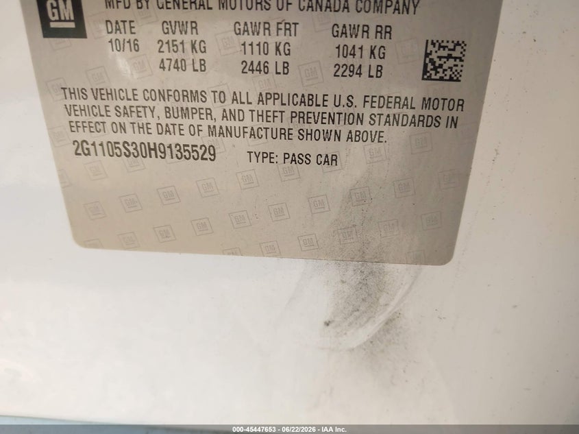 2017 Chevrolet Impala VIN 2G1105S30H9135529 IAAI salvage auction — LEFT SIDE, Clear-Dealer Only (North Carolina), sold $1,125 on 2026-07-06 (photo 9)