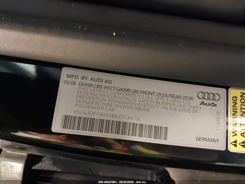 2008 Audi A4 VIN WAUDF48H48K013476 IAAI salvage auction — REAR END, Clear (Michigan), sold $850 on 2026-07-08 (photo 9)
