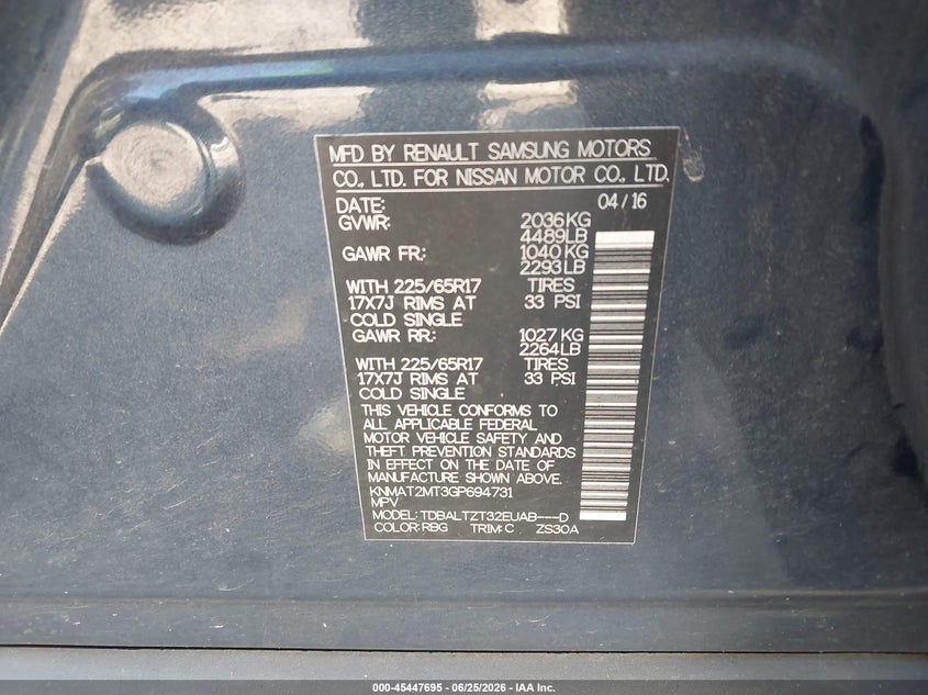 2016 Nissan Rogue VIN KNMAT2MT3GP694731 IAAI salvage auction — ROLLOVER, Salvage Title, sold $350 on 2026-07-22 (photo 9)