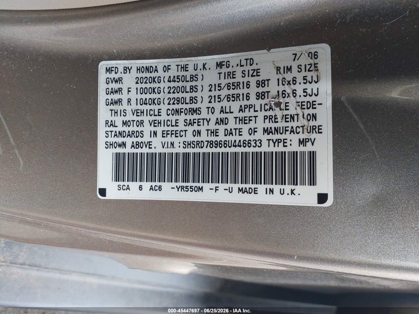 2006 Honda Cr-v VIN SHSRD78966U446633 IAAI salvage auction — NORMAL WEAR, Clear (New Jersey), sold $25 on 2026-07-27 (photo 9)