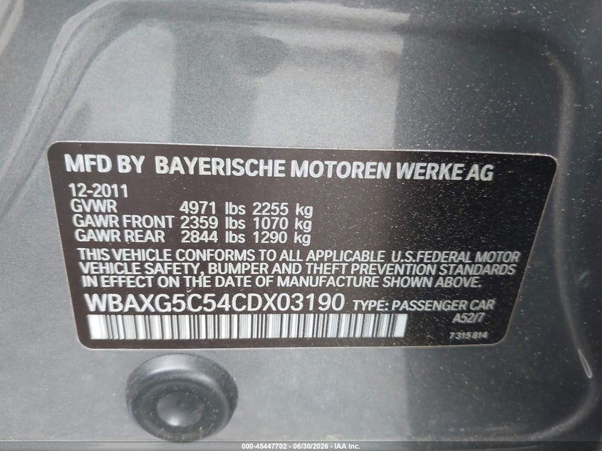 2012 BMW 5 series VIN WBAXG5C54CDX03190 IAAI salvage auction — NORMAL WEAR, Clear (New Jersey), sold $650 on 2026-07-29 (photo 9)