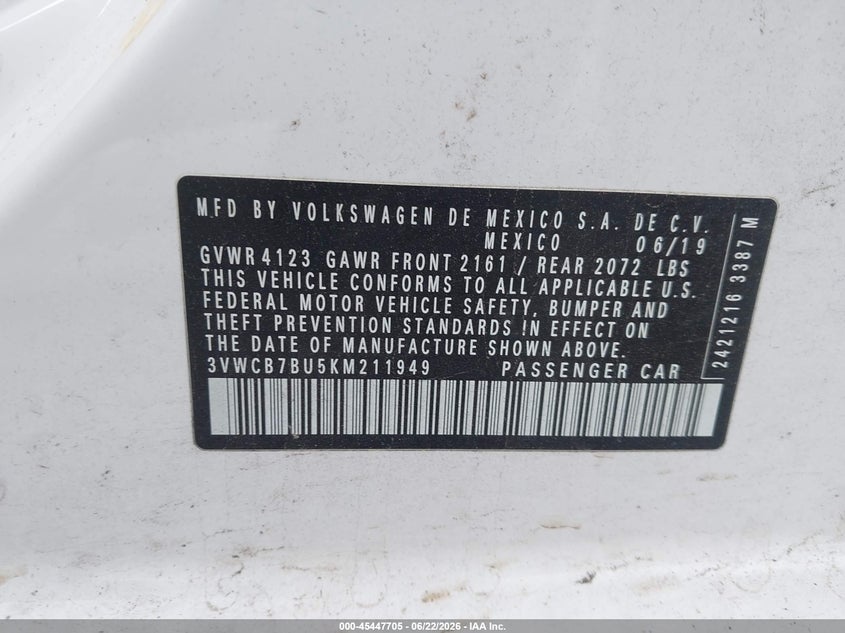 2019 Volkswagen Jetta VIN 3VWCB7BU5KM211949 IAAI salvage auction — FRONT END, Salvage Title, sold $3,050 on 2026-07-24 (photo 9)