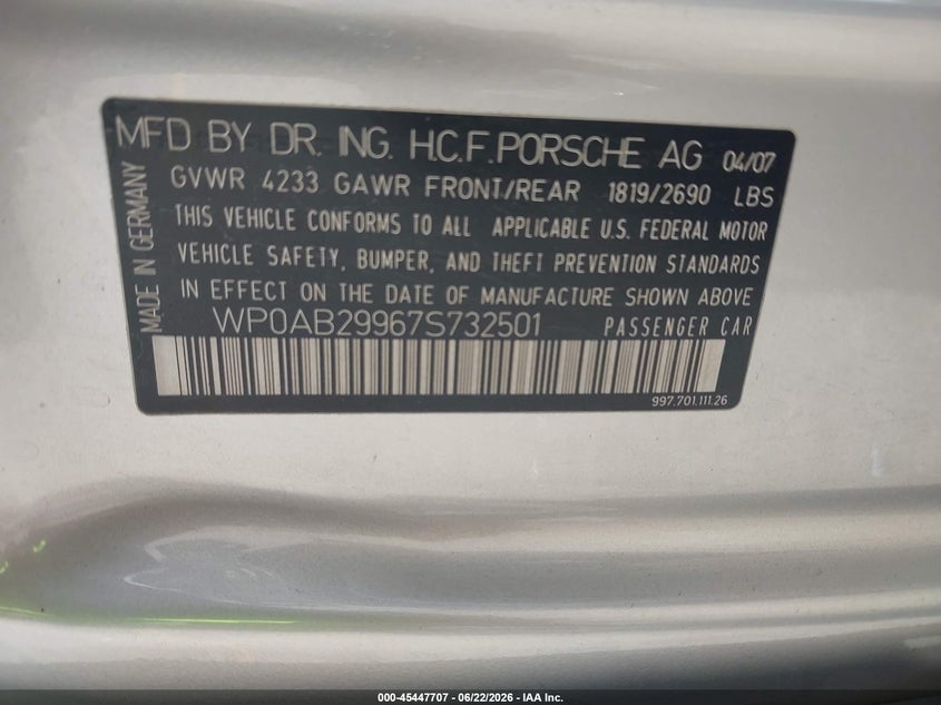 2007 Porsche 911 VIN WP0AB29967S732501 IAAI salvage auction — RIGHT FRONT, Rebuildable (Florida), sold $21,000 on 2026-07-20 (photo 9)