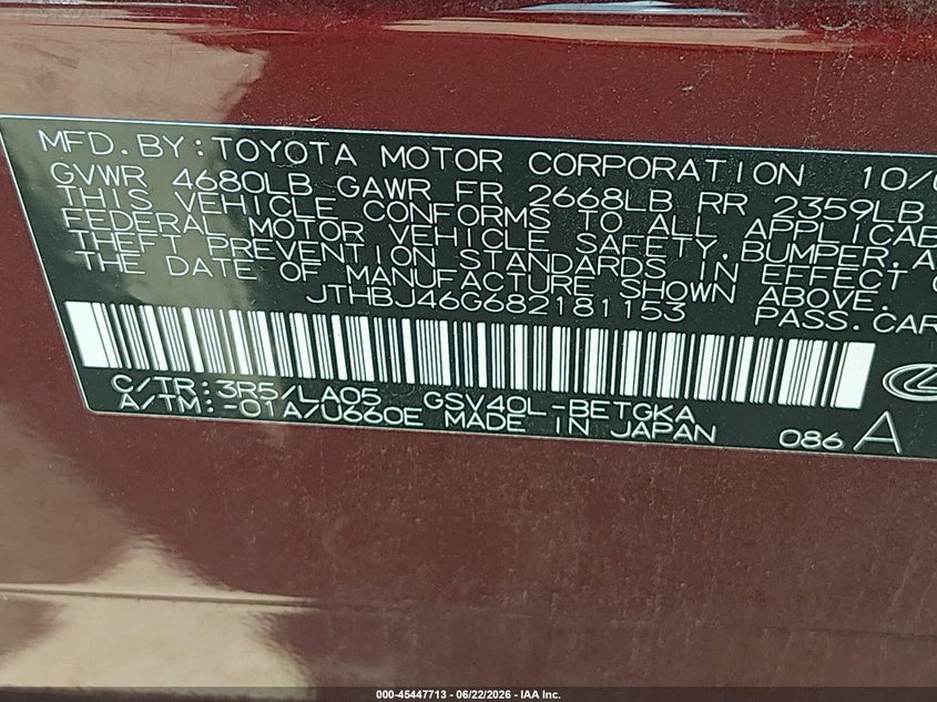 2008 Lexus Es 350 VIN JTHBJ46G682181153 IAAI salvage auction — FRONT & REAR, Salvage (Texas), sold $1,000 on 2026-07-14 (photo 9)