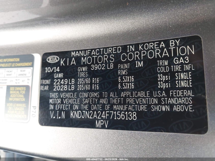2015 Kia Soul VIN KNDJN2A24F7156138 IAAI salvage auction — LEFT SIDE, Salvage Title, sold $1,250 on 2026-07-23 (photo 9)