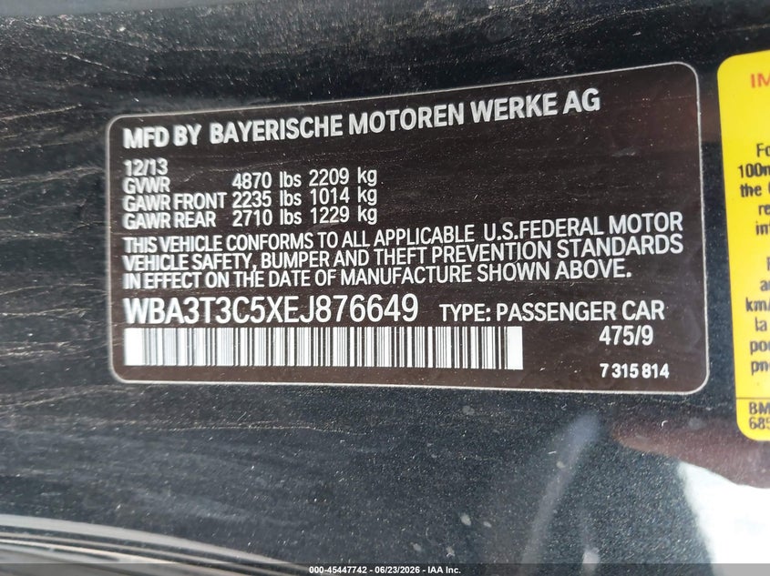 2014 BMW 4er VIN WBA3T3C5XEJ876649 IAAI salvage auction — STORM DAMAGE, Salvage (Illinois), sold $4,000 on 2026-08-12 (photo 9)