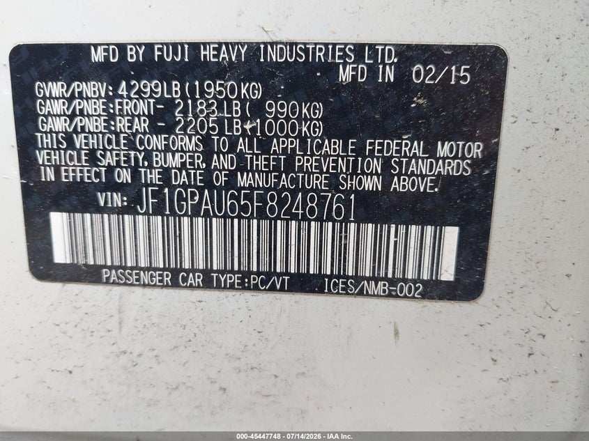 2015 Subaru Impreza VIN JF1GPAU65F8248761 IAAI salvage auction — REPOSSESSION, Clear-Dealer Only (North Carolina), sold $25 on 2026-07-27 (photo 9)