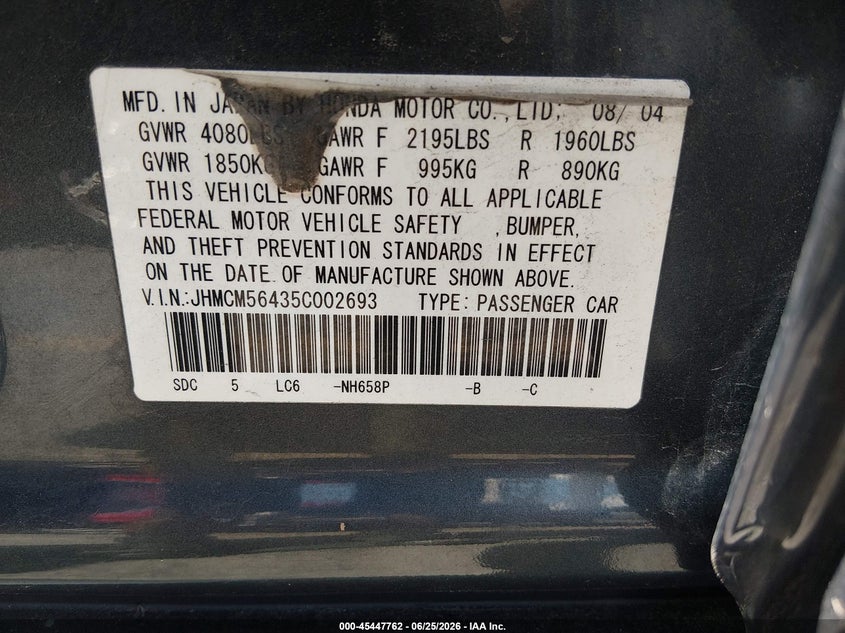 2005 Honda Accord VIN JHMCM56435C002693 IAAI salvage auction — REAR END, Salvage (Utah), sold $275 on 2026-07-16 (photo 9)