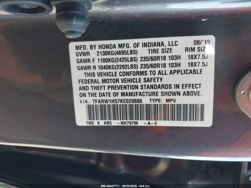 2019 Honda Cr-v VIN 7FARW1H57KE029886 IAAI salvage auction — REAR END, Salvage (California), sold $6,400 on 2026-07-29 (photo 9)