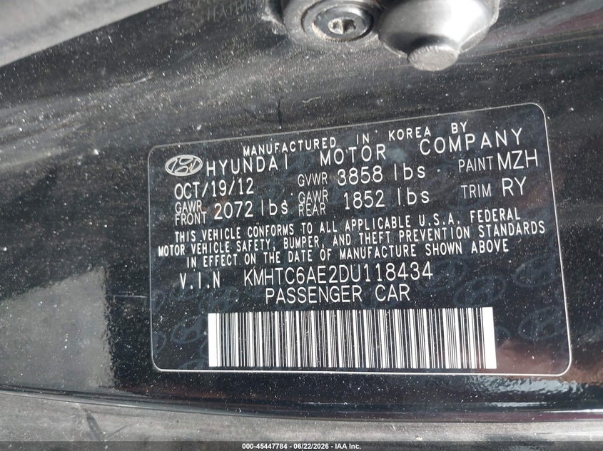 2013 Hyundai Veloster VIN KMHTC6AE2DU118434 IAAI salvage auction — NORMAL WEAR, Repossession Paperwork (Georgia), sold $1,100 on 2026-07-07 (photo 9)
