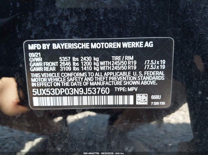 2022 BMW X3 VIN 5UX53DP03N9J53760 IAAI salvage auction — RIGHT FRONT, Bill Of Sale (Washington), sold $12,200 on 2026-07-22 (photo 9)