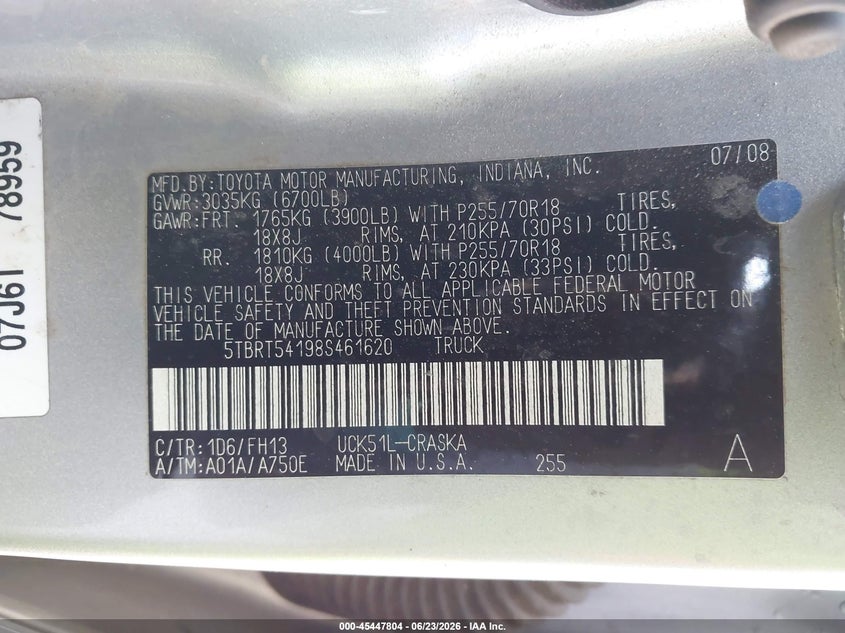 2008 Toyota Tundra VIN 5TBRT54198S461620 IAAI salvage auction — LEFT SIDE, Salvage (California), sold $3,050 on 2026-07-13 (photo 9)
