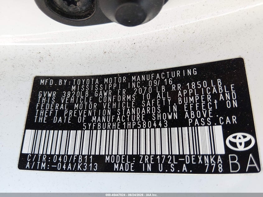 2017 Toyota Corolla VIN 5YFBURHE1HP580443 IAAI salvage auction — ROOF, Salvage (Ohio), sold $3,975 on 2026-07-14 (photo 9)