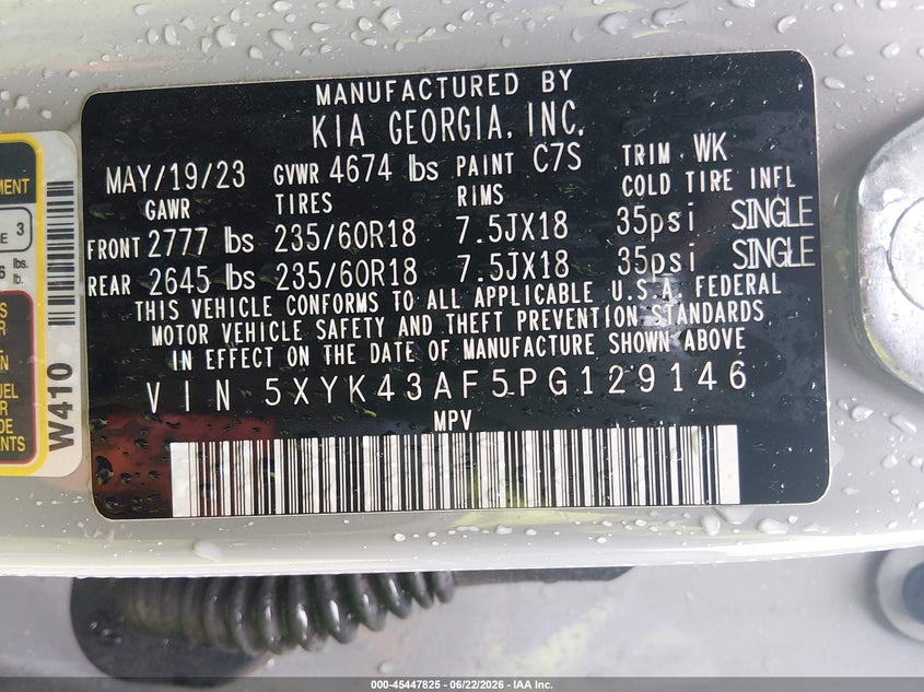 2023 Kia Sportage VIN 5XYK43AF5PG129146 IAAI salvage auction — FRONT END, Salvage (Tennessee), sold $10,100 on 2026-07-16 (photo 9)