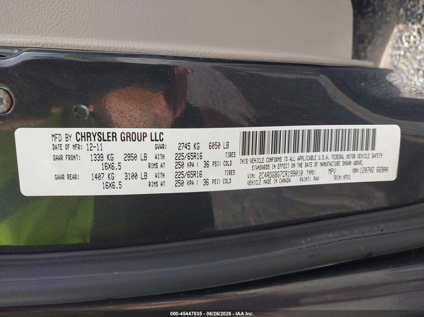 2012 Dodge Caravan VIN 2C4RDGBG7CR199010 IAAI salvage auction — REAR END, Salvage (Ohio), sold $475 on 2026-08-01 (photo 9)