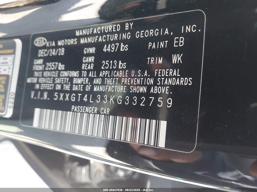 2019 Kia Optima VIN 5XXGT4L33KG332759 IAAI salvage auction — FRONT END, Salvage (North Carolina), sold $1,850 on 2026-07-10 (photo 9)