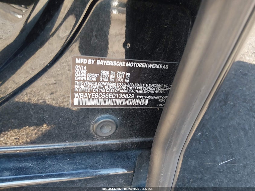 2014 BMW 7 series VIN WBAYE8C56ED135829 IAAI salvage auction — NORMAL WEAR, Clear-Dealer Only (Iowa), sold $1,550 on 2026-07-29 (photo 9)