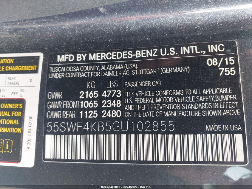 2016 Mercedes-benz C-klasse VIN 55SWF4KB5GU102855 IAAI salvage auction — REAR END, Clear (Wisconsin), sold $2,550 on 2026-07-19 (photo 9)
