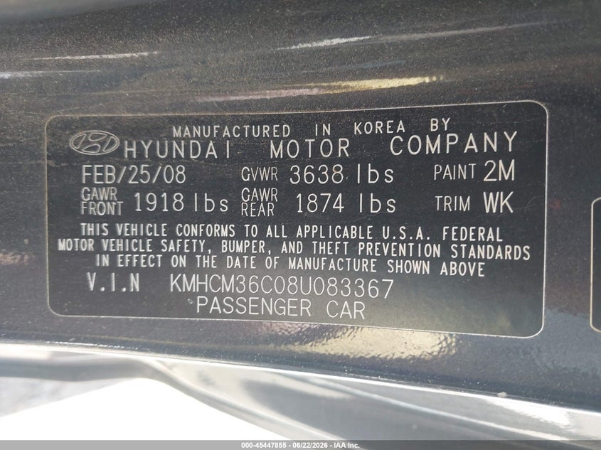 2008 Hyundai Accent VIN KMHCM36C08U083367 IAAI salvage auction — NORMAL WEAR, Clear-Dealer Only (Arizona), sold $325 on 2026-07-21 (photo 9)