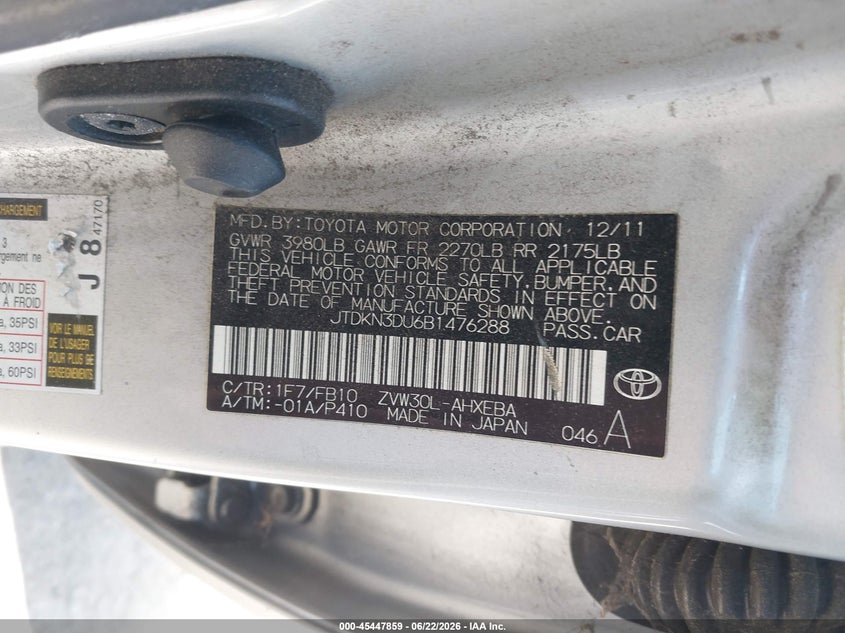 2011 Toyota Prius VIN JTDKN3DU6B1476288 IAAI salvage auction — UNKNOWN, Salvage Title - Dealer (California), sold $1,300 on 2026-07-15 (photo 9)