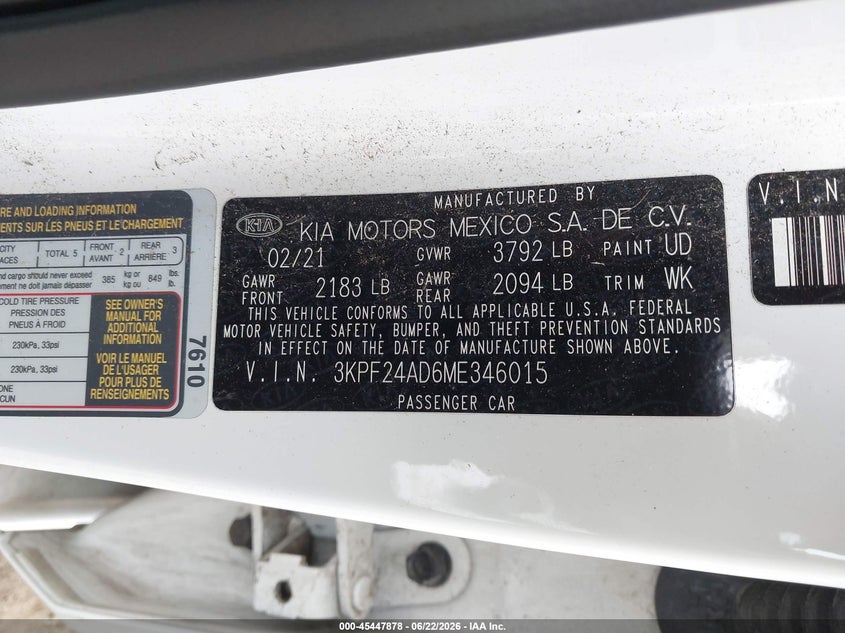2021 Kia Forte VIN 3KPF24AD6ME346015 IAAI salvage auction — FRONT END, Salvage (Ohio), sold $2,650 on 2026-08-03 (photo 9)