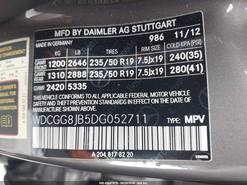 2013 Mercedes-benz Glk-klasse VIN WDCGG8JB5DG052711 IAAI salvage auction — FRONT END, Salvage (North Carolina), sold $3,300 on 2026-07-09 (photo 9)