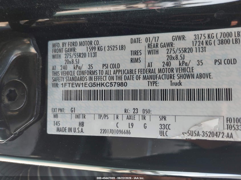2017 Ford F-150 VIN 1FTEW1EG5HKC57980 IAAI salvage auction — SIDE, Original (Texas), sold $7,600 on 2026-07-29 (photo 9)