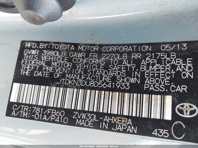 2013 Toyota Prius VIN JTDKN3DU8D5641933 IAAI salvage auction — ENGINE DAMAGE, Clear (Florida), sold $1,150 on 2026-07-29 (photo 9)