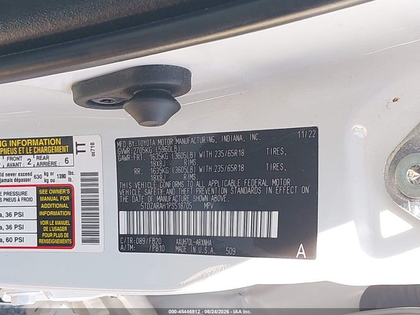 2023 Toyota Highlander VIN 5TDZARAH1PS518705 IAAI salvage auction — SIDE, Salvage (Indiana), sold $11,400 on 2026-07-30 (photo 9)