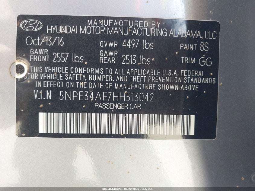 2017 Hyundai Sonata VIN 5NPE34AF7HH513042 IAAI salvage auction — FRONT END, Salvage (California), sold $850 on 2026-07-09 (photo 9)