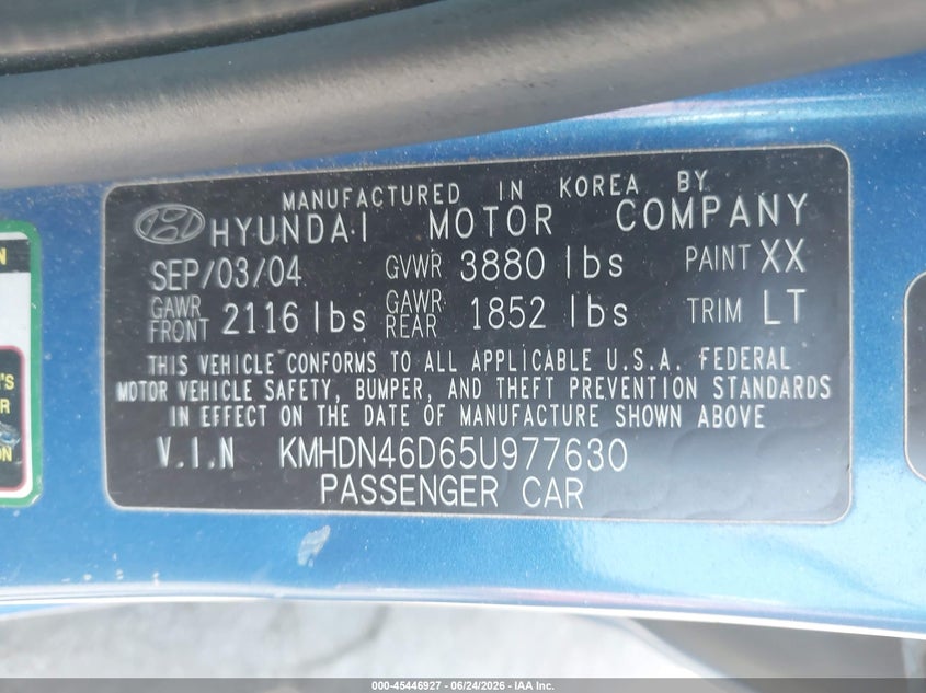 2005 Hyundai Elantra VIN KMHDN46D65U977630 IAAI salvage auction — NORMAL WEAR, Clear (Pennsylvania), sold $400 on 2026-07-28 (photo 9)