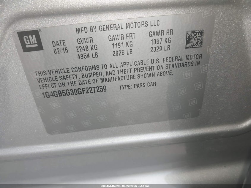 2016 Buick Lacrosse VIN 1G4GB5G30GF227259 IAAI salvage auction — REAR END, Salvage (Pennsylvania), sold $2,575 on 2026-07-10 (photo 9)