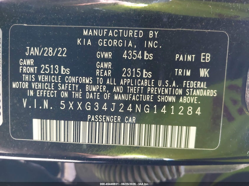 2022 Kia K5 VIN 5XXG34J24NG141284 IAAI salvage auction — REAR END, Salvage - Greater Than 75% (Maryland), sold $5,200 on 2026-07-22 (photo 9)