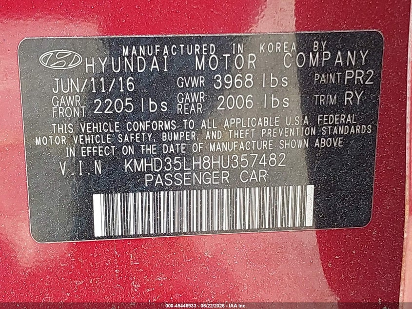 2017 Hyundai Elantra VIN KMHD35LH8HU357482 IAAI salvage auction — LEFT FRONT, Clear (Florida), sold $1,000 on 2026-07-16 (photo 9)
