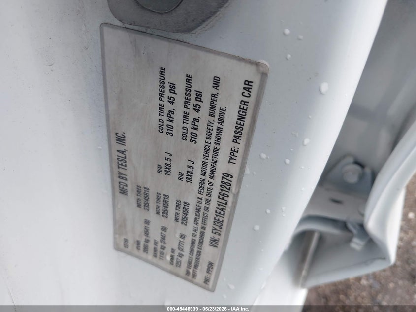 2020 Tesla Model 3 VIN 5YJ3E1EA1LF612879 IAAI salvage auction — REAR END, Salvage (Pennsylvania), sold $4,150 on 2026-07-30 (photo 9)