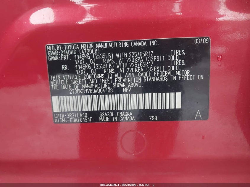 2009 Toyota Rav4 VIN 2T3BK31V69W004108 IAAI salvage auction — RIGHT FRONT, Salvage - Greater Than 75% (Maryland), sold $1,350 on 2026-07-09 (photo 9)