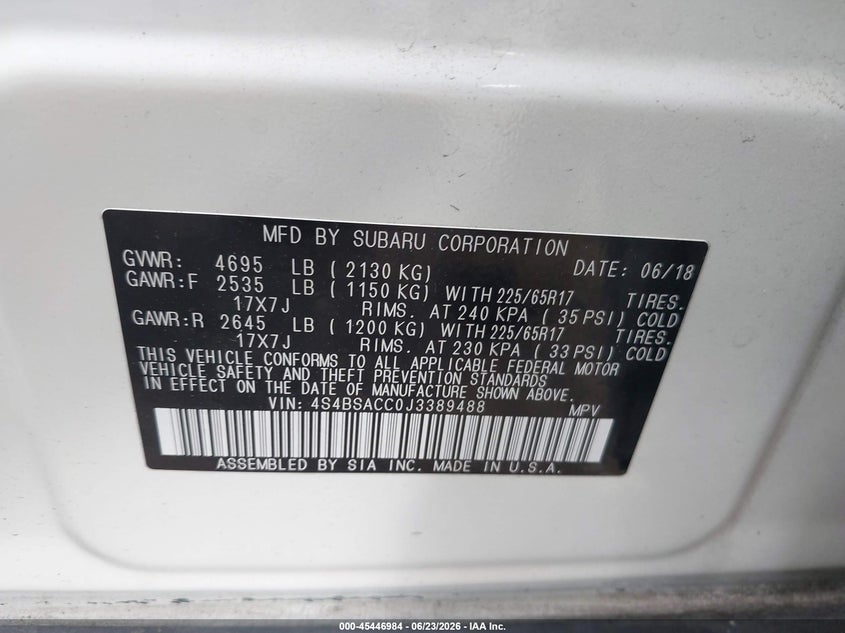 2018 Subaru Outback VIN 4S4BSACC0J3389488 IAAI salvage auction — REAR END, Salvage - Greater Than 75% (Maryland), sold $3,150 on 2026-07-09 (photo 9)