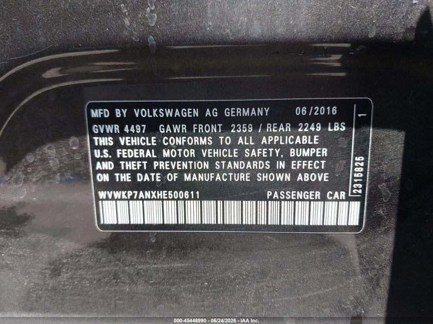 2017 Volkswagen Passat cc VIN WVWKP7ANXHE500611 IAAI salvage auction — LEFT FRONT, Salvage (California), sold $2,200 on 2026-07-09 (photo 9)